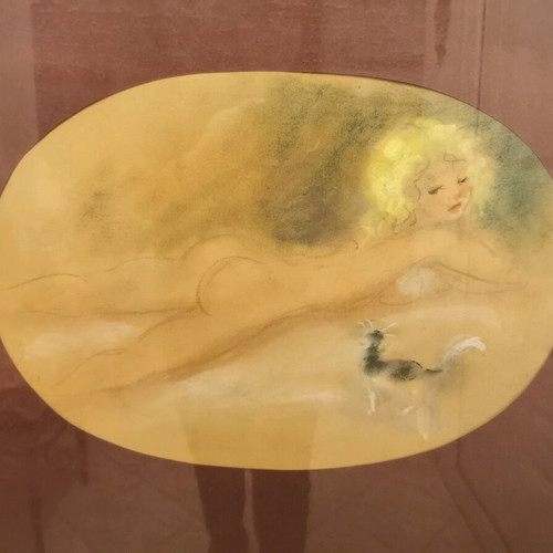 Painting by Dori Michail Papageorgiou "Nude Girl with Cat" like new