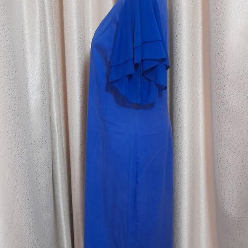 Blue dress with flutter sleeves and V-neck