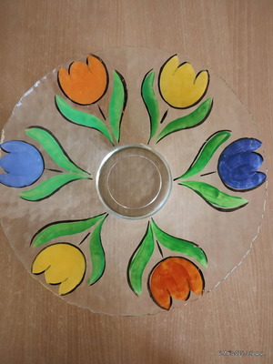 Glass platter used with painted tulips