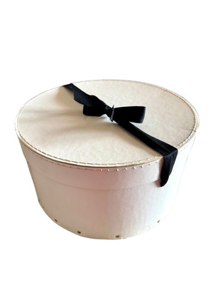 Vintage round storage box medium size white with black fabric ribbon