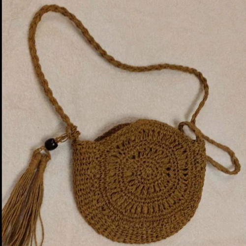 Crochet Crossbody Bag Boho with Tassel in Beige and Brown, New