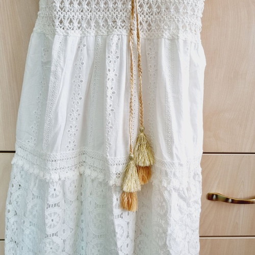 Pure long dress white with embroidery and knitted details, new, one size