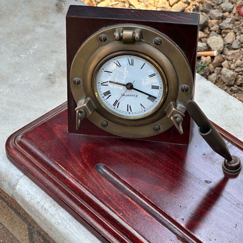 Decorative table clock and thermometer used, wooden base, nautical vintage design