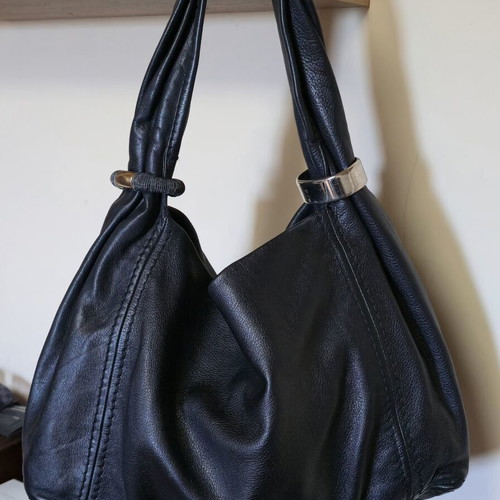 Jimmy Choo shoulder bag used, large black leather tote with gold accents