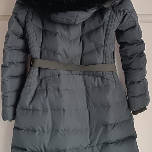 Zara jacket with hood and fur, blue, size Large, like new
