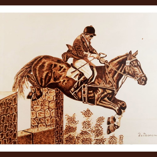 Horse Racing Pyrography Painting new on poplar wood
