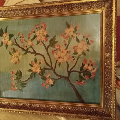 Painting like new, handmade on wood frame with gold carved almond blossoms