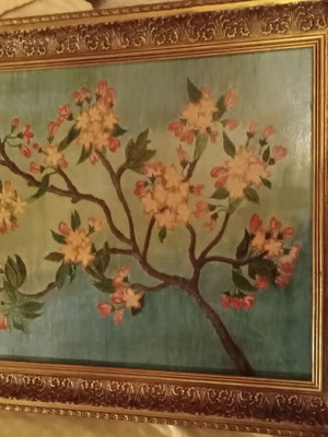 Painting like new, handmade on wood frame with gold carved almond blossoms