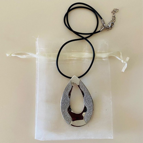 Teardrop necklace in silver tone with rhinestones and black cord new