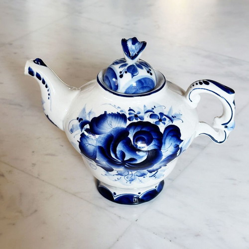 Gzhel porcelain handmade teapot coffee pot used 1990s