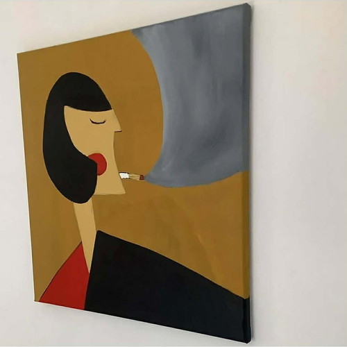 Painting on canvas 40x40 cm tempera, new, Woman smoking