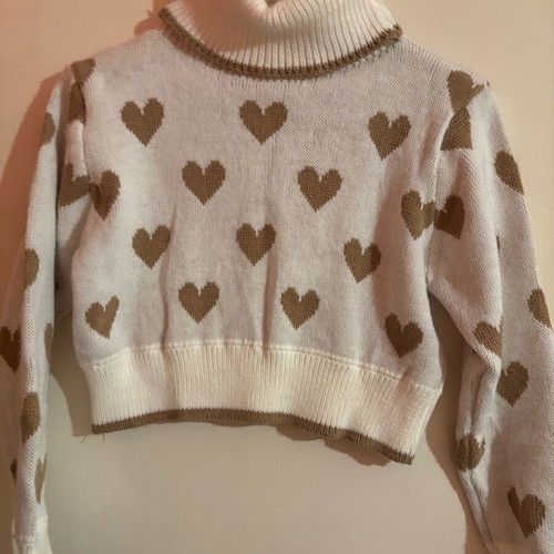 Crop top sweater like new, beige with brown hearts and turtleneck