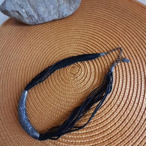 Necklace silver like new with black textile laces