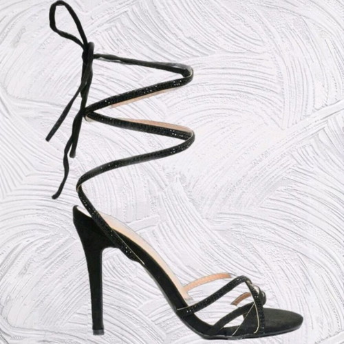 Strappy sandals new with high heel, rhinestones and long strap