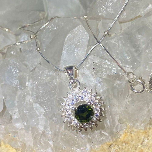 Silver pendant with natural intense green tourmaline and moissanite, new