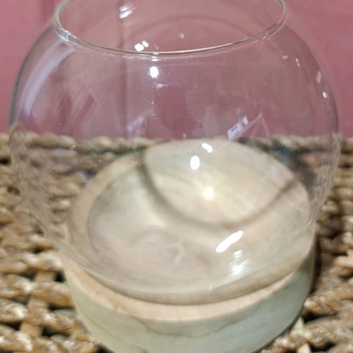 Glass Sphere with Wooden Base used, minimal natural elegance