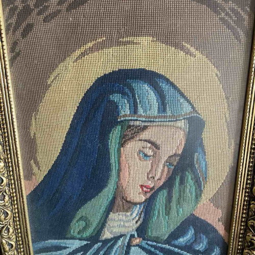 Vintage handmade embroidery of Virgin Mary in gold frame like new