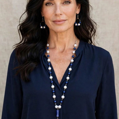 Royal Blue and White Necklace and Earrings Set new