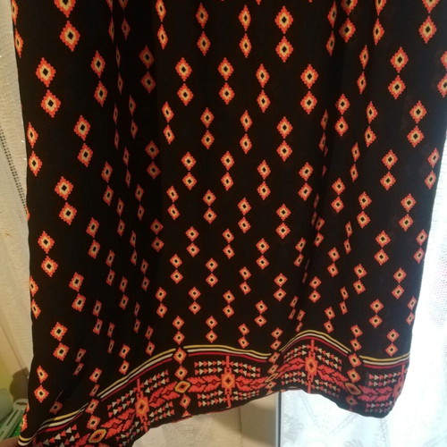 Strapless dress with Prive pattern used, black and orange, small-medium