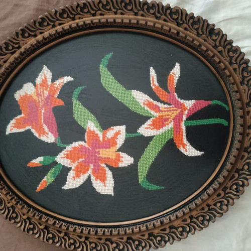 Vintage handmade cross-stitch frame with flowers used, 30×36 cm