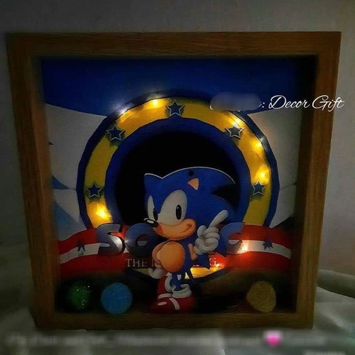 Handmade Sonic decorative frame new with lights and wooden figure
