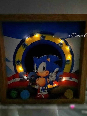 Handmade Sonic decorative frame new with lights and wooden figure