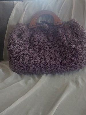 Crochet bag with wooden handles like new, purple shade
