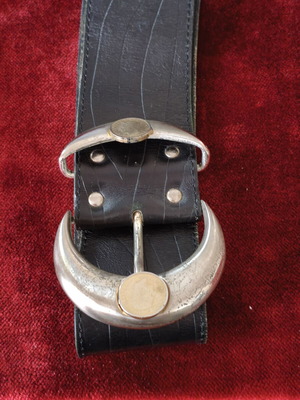 Vintage wide leather belt with metal buckle and decorative coins used, black