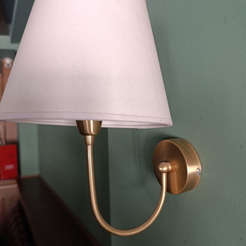 Wall lights, metal gold frame with white fabric shade, set of 2