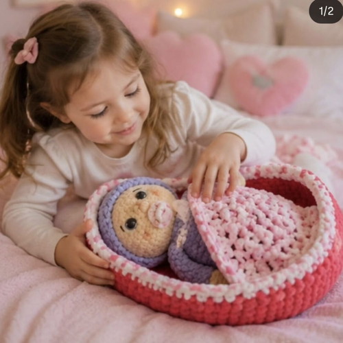 Amigurumi knitted baby with bassinet new