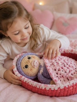 Amigurumi knitted baby with bassinet new