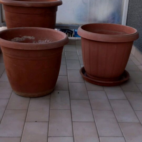 Flower pots three large with simple saucer and saucer with wheels