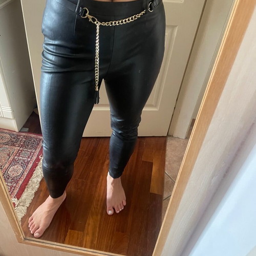 Zara leather pants fitted black with gold belt like new