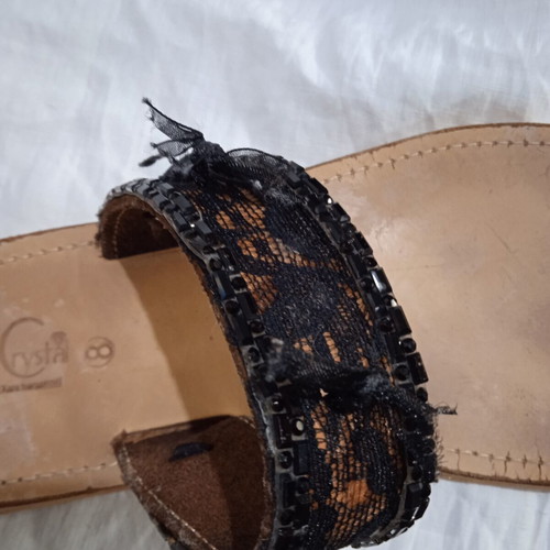 Sandals with bows and beads used, leather, size 38-39, black