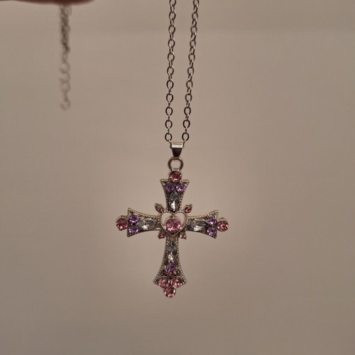 Vintage cross with zircons new, pink
