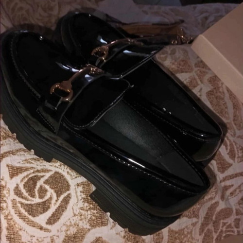 Diamantique patent leather loafers black with gold buckle, brand new size 39
