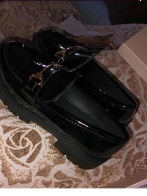 Diamantique patent leather loafers black with gold buckle, brand new size 39