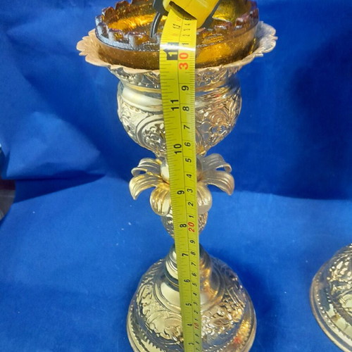 Set of gilded altar candles new for holy table