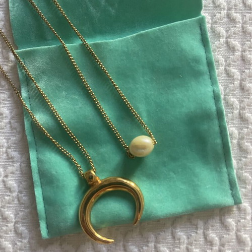 Kymata Jewels gold stainless steel layering necklace set with crescent moon and pearl, used