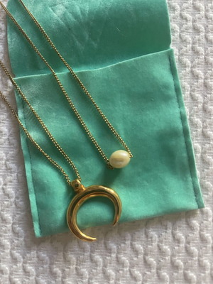 Kymata Jewels gold stainless steel layering necklace set with crescent moon and pearl, used