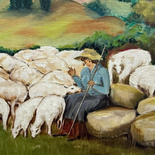 Oil painting Shepherd with flock
