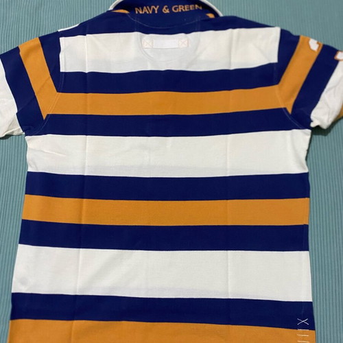 Navy & Green men's polo shirt, medium, striped blue white mustard