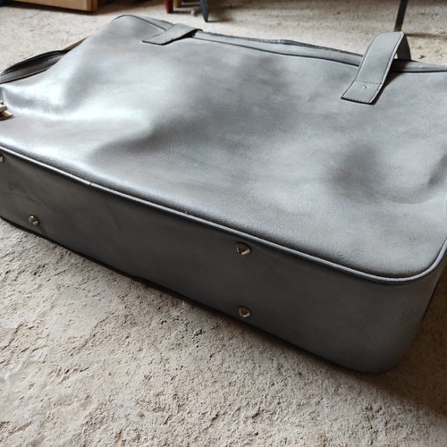 Leather suitcase old used, gray with broken zipper