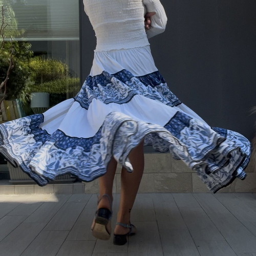 Vintage Parisian Tiered Maxi Skirt blue and white floral like new