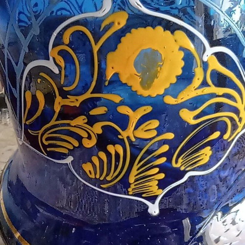 Vintage handmade table lamp with thick blue glass and brass, like new