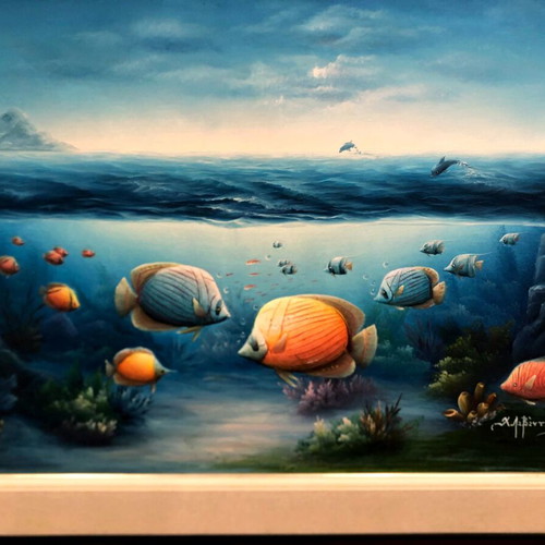 Canvas painting "Βυθος με τροπικα ψαρια" like new with wooden frame 83x108 cm