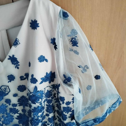 Handmade beige dress with blue embroidery and tulle, size XL