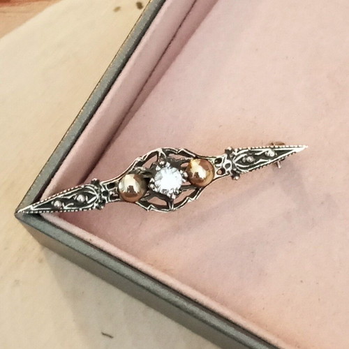 Silver-gold pin 925 585 with crystal vintage like new length 5cm