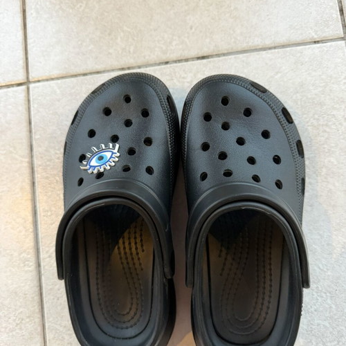 Black clogs slippers with decorative eye charm, like new, size 37/38