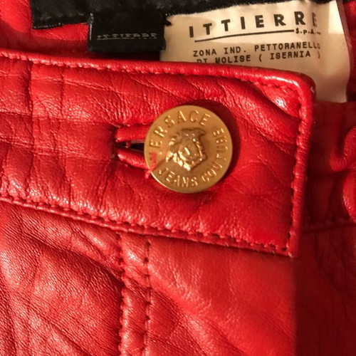 Versace Jeans Couture red leather pants with Medusa embossing, size 31